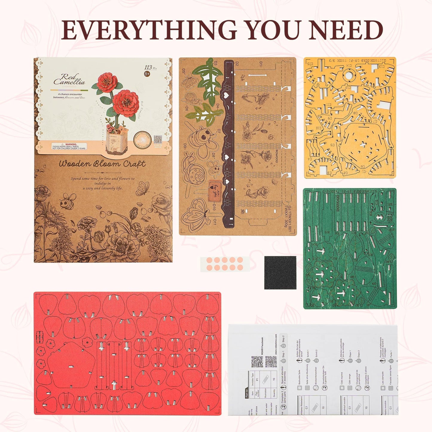 ROBOTIME 3D Puzzle Wooden Flower Red Camellia DIY Model Kit to Build for Adults Artifical Bouquet Collection Craft Brain Teaser Puzzle Creative Gift Home Decor