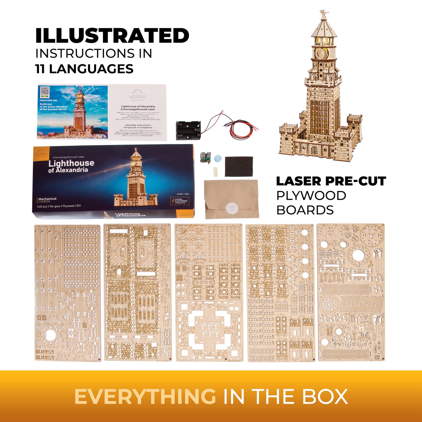 Ugears Lighthouse of Alexandria 3D Puzzle - DIY Kits for Adults 3D Wooden Puzzles with LED Nightlight - Model Building Adult Craft Wood Puzzle 340 Pcs