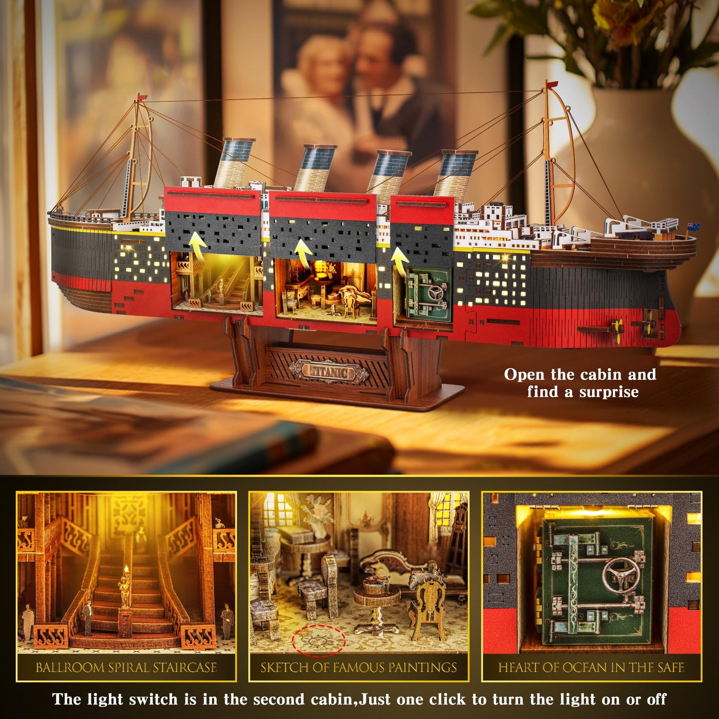 Titanic 3D Wooden Puzzles for Adult with LED Light, Home Decoration Titanic Model Kits for Adults, Sailboat Hobbies for Men, Christmas Birthday DIY Miniature Kit Gift for Adults Teens
