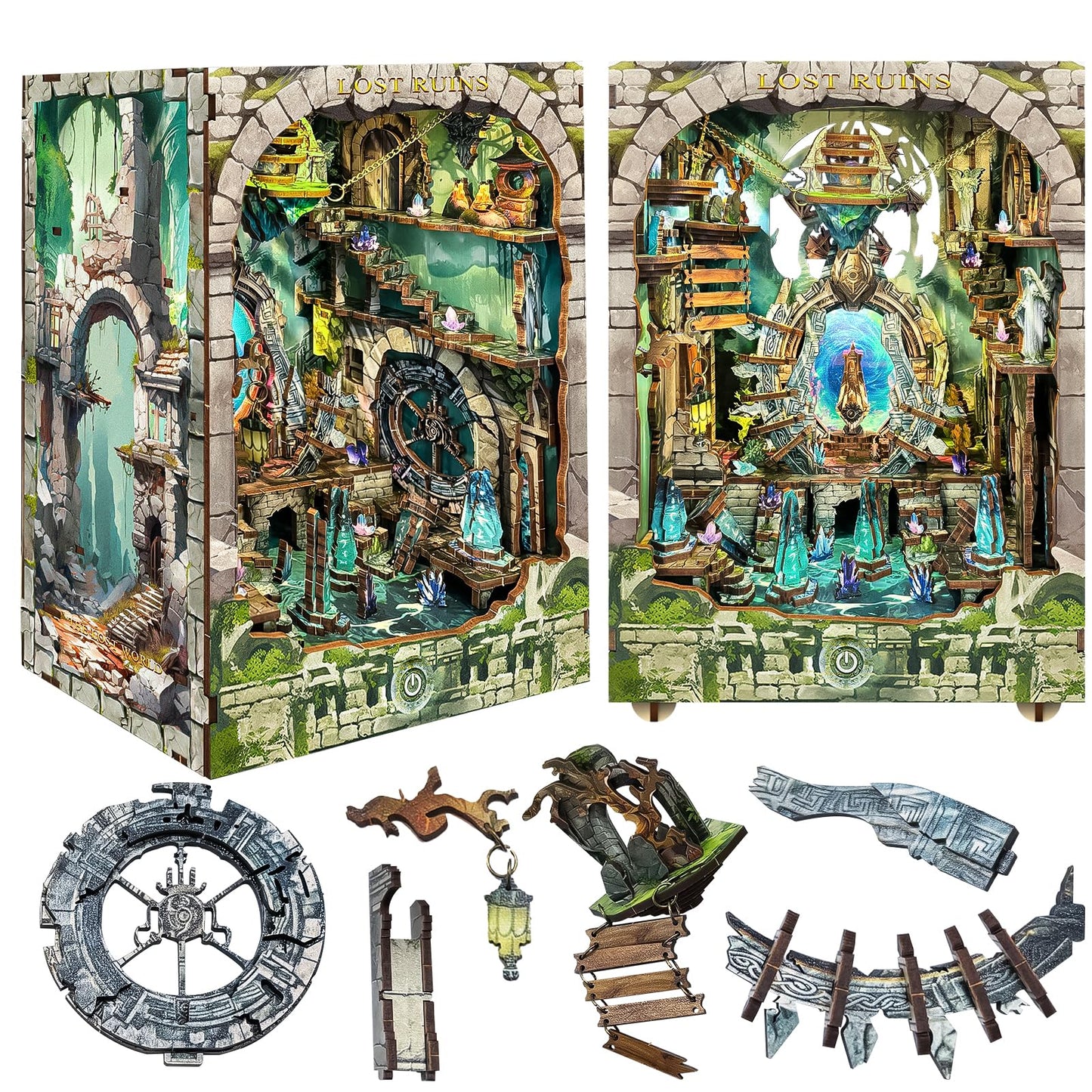 Spilay DIY Book Nook Kit,DIY Dollhouse Booknook Bookshelf Insert Decor Alley,Bookends Model Build kit,Handmade Crafts Gifts for Birthday Valentine's Day (Lost Ruins with Dust Cover)