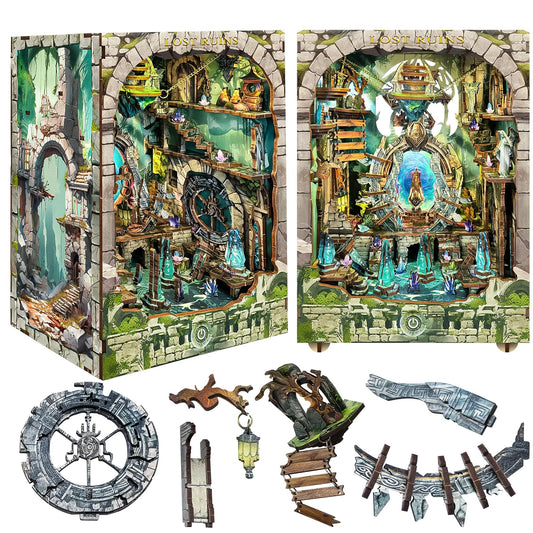 Spilay DIY Book Nook Kit,DIY Dollhouse Booknook Bookshelf Insert Decor Alley,Bookends Model Build kit,Handmade Crafts Gifts for Birthday Valentine's Day (Lost Ruins with Dust Cover)