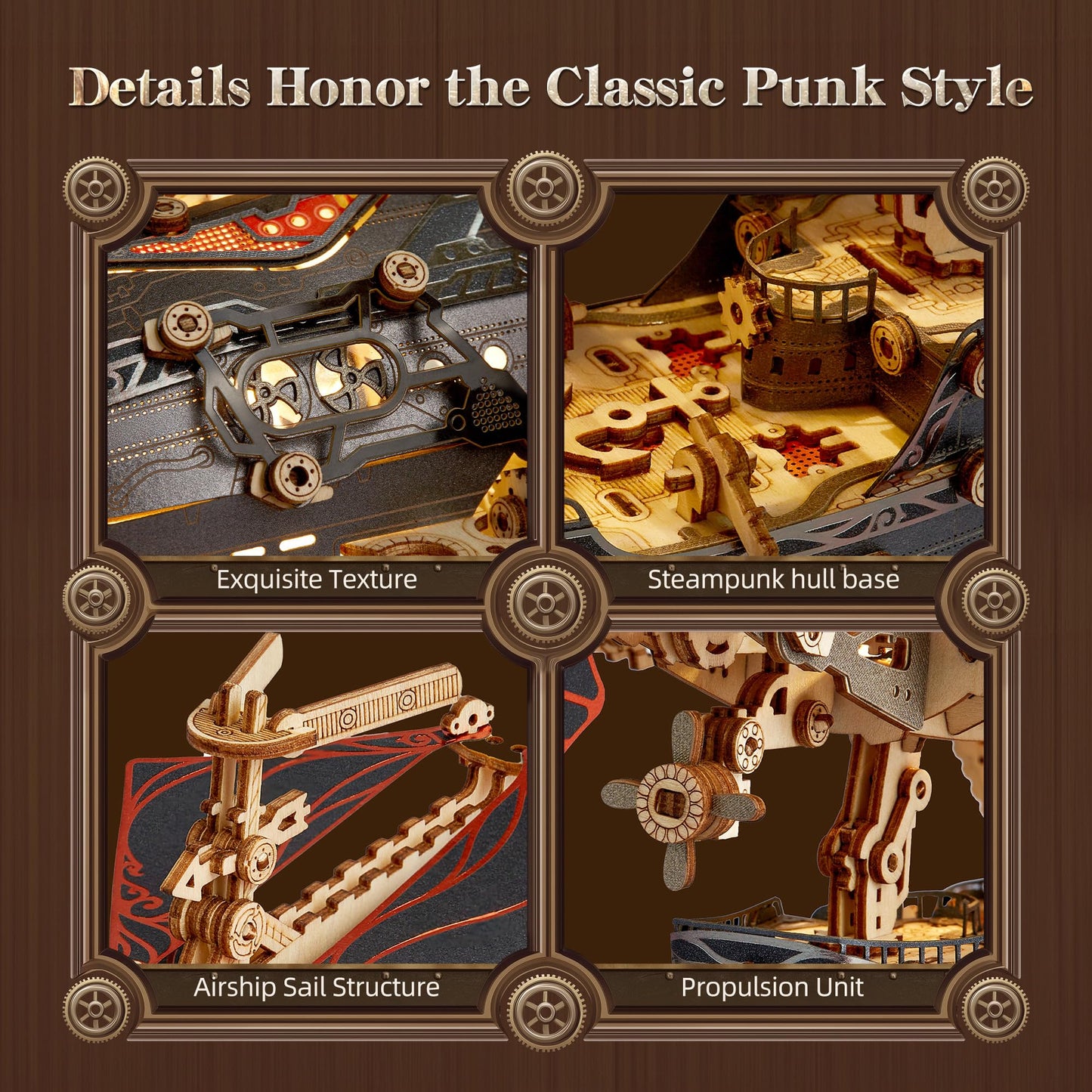 FUNPOLA LED 3D Wood Puzzle Fantasy Airship Model - Steampunk DIY Craft Kit with LED Lights – Intricate Wooden Airship Model Building Set for Teens and Adults(Gray)