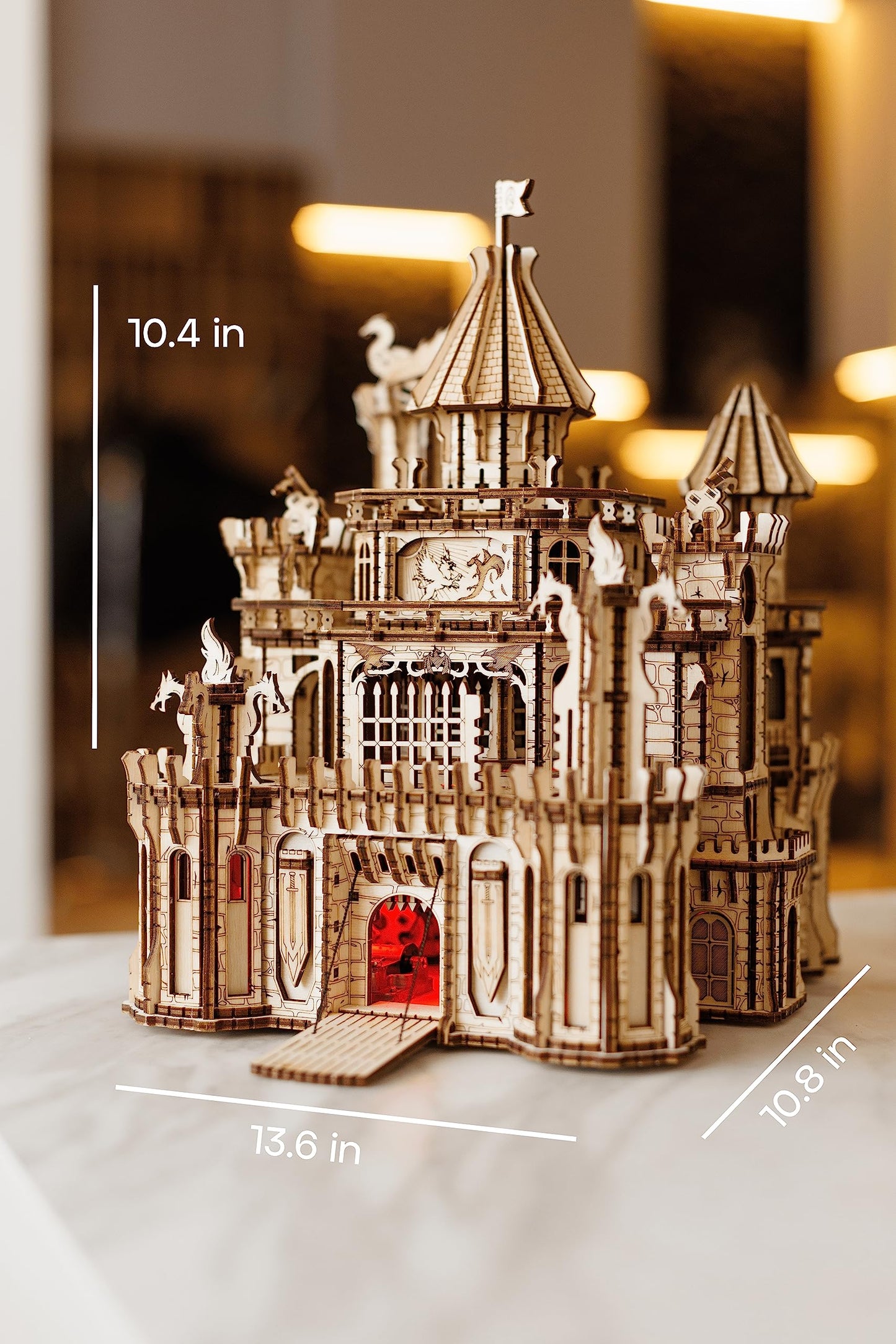 Wood Trick Dragon Castle Movable Wooden 3D Puzzles for Adults to Build - Red LED - Greensleeves Melody - Towers Rotating - Engineering DIY Project Mechanical Model Kits for Adults