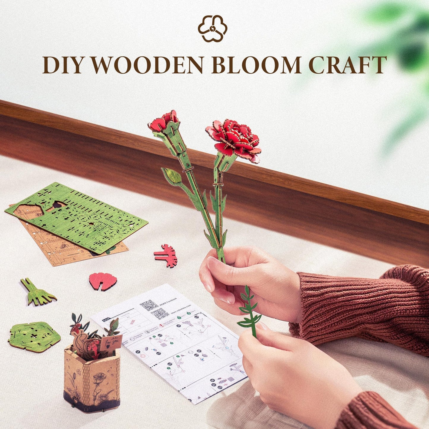 ROBOTIME 3D Wooden Flower Puzzle, Red Carnation DIY Craft Kit for Adults. Artificial Flower Decor for Table, Centerpiece, Home, Unique Gift for Mom, Wife, Women