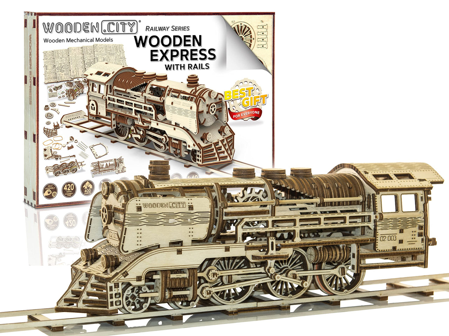 WOODEN.CITY Wooden Express with Rails 3D Wooden Puzzles for Adults – Build Your Own Express Train with Rubber‑Band Motor – Self‑Assembly Model, DIY Gift for Adults and Teens