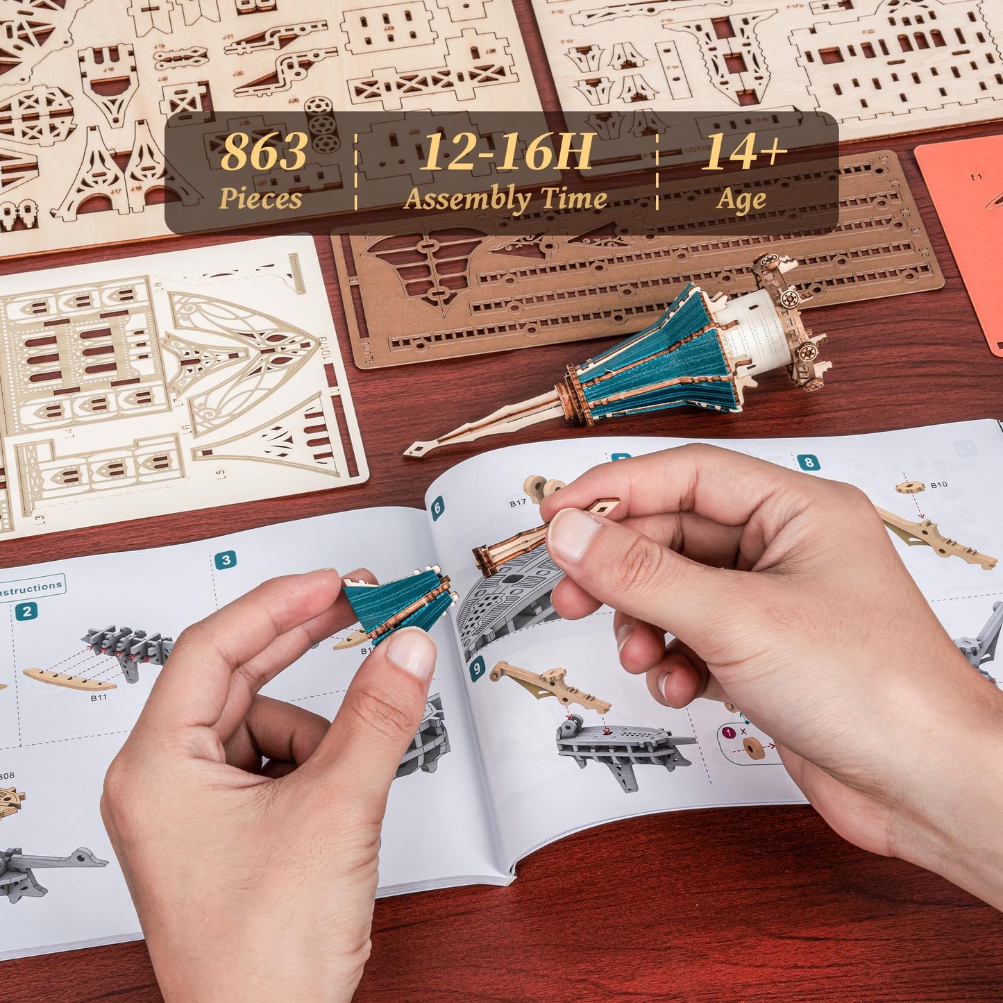 FUNPOLA 3D Wooden Puzzle Steam Castle Model – Steampunk Baroque Floating Castle DIY Building Kit with Mechanical Gears, Unique Gift for Adults and Teens