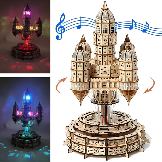 3D Wooden Castle Music Box Puzzle Kit, 521 Pieces LED Light DIY Mechanical Model Building Kit for Adults & Teens,Unique Creative Gift Idea