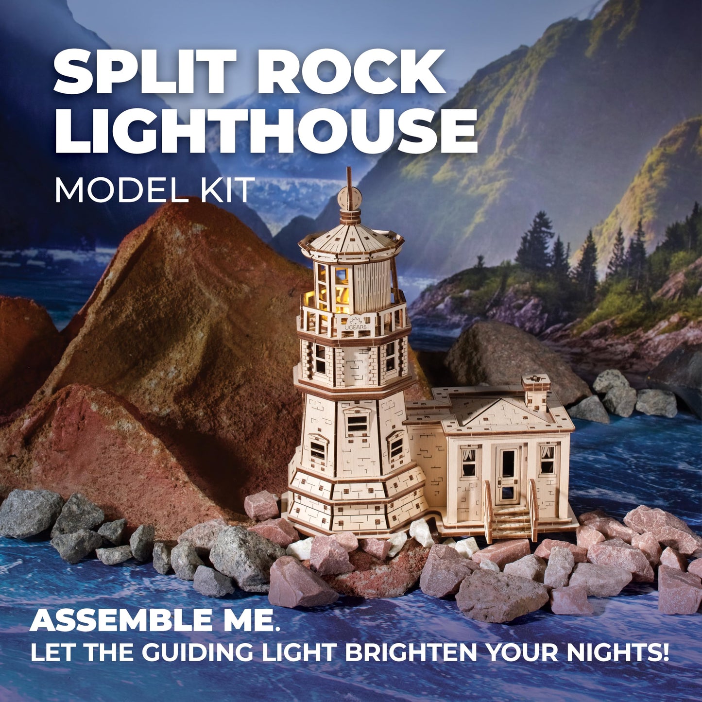 UGEARS Split Rock Lighthouse 3D Puzzle – DIY Miniature Kit Wooden Models for Adults to Build with LED Nightlight - 3D Wooden Puzzles - Crafts for Adults Gifts for Engineers - 295 Pcs