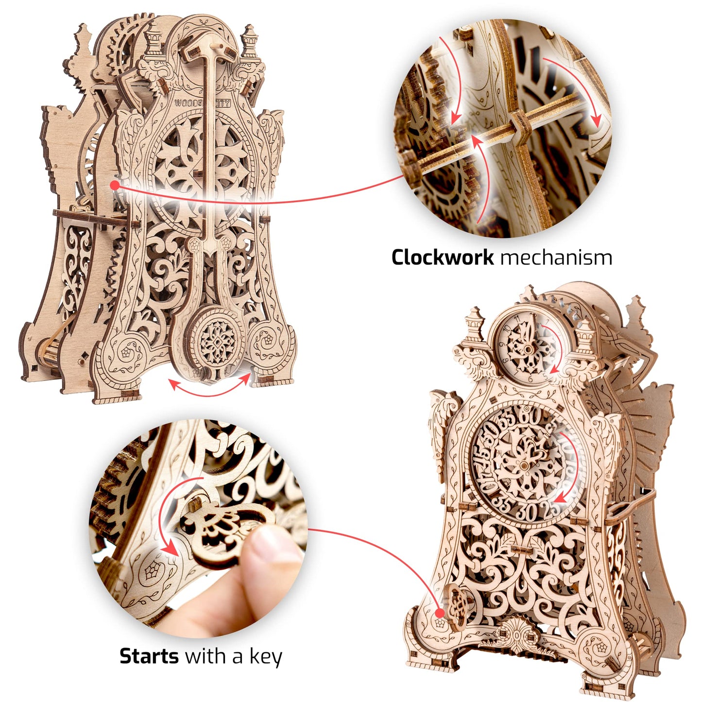 WOODEN.CITY Magic Clock 3D Wooden Puzzle for Adults – Mechanical Table Clock Kit with Working Gears - 140 Laser-Cut Pieces – Build & Display for Adults & Teens - Model Kit Gift