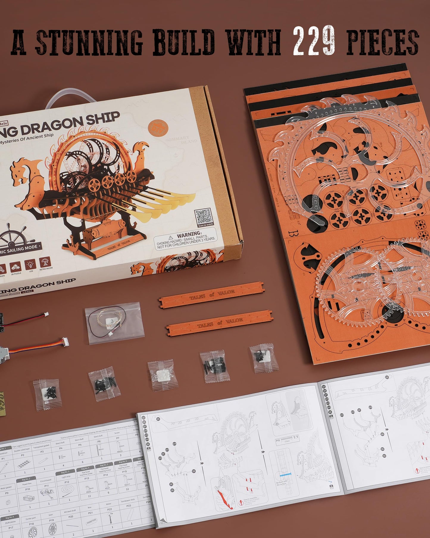 ROBOTIME LK802 Viking Dragon Ship Mechanical Wooden Puzzles, 229 Pieces 3D Puzzles for Adults, Crafts for Adults Hobby Building Kit