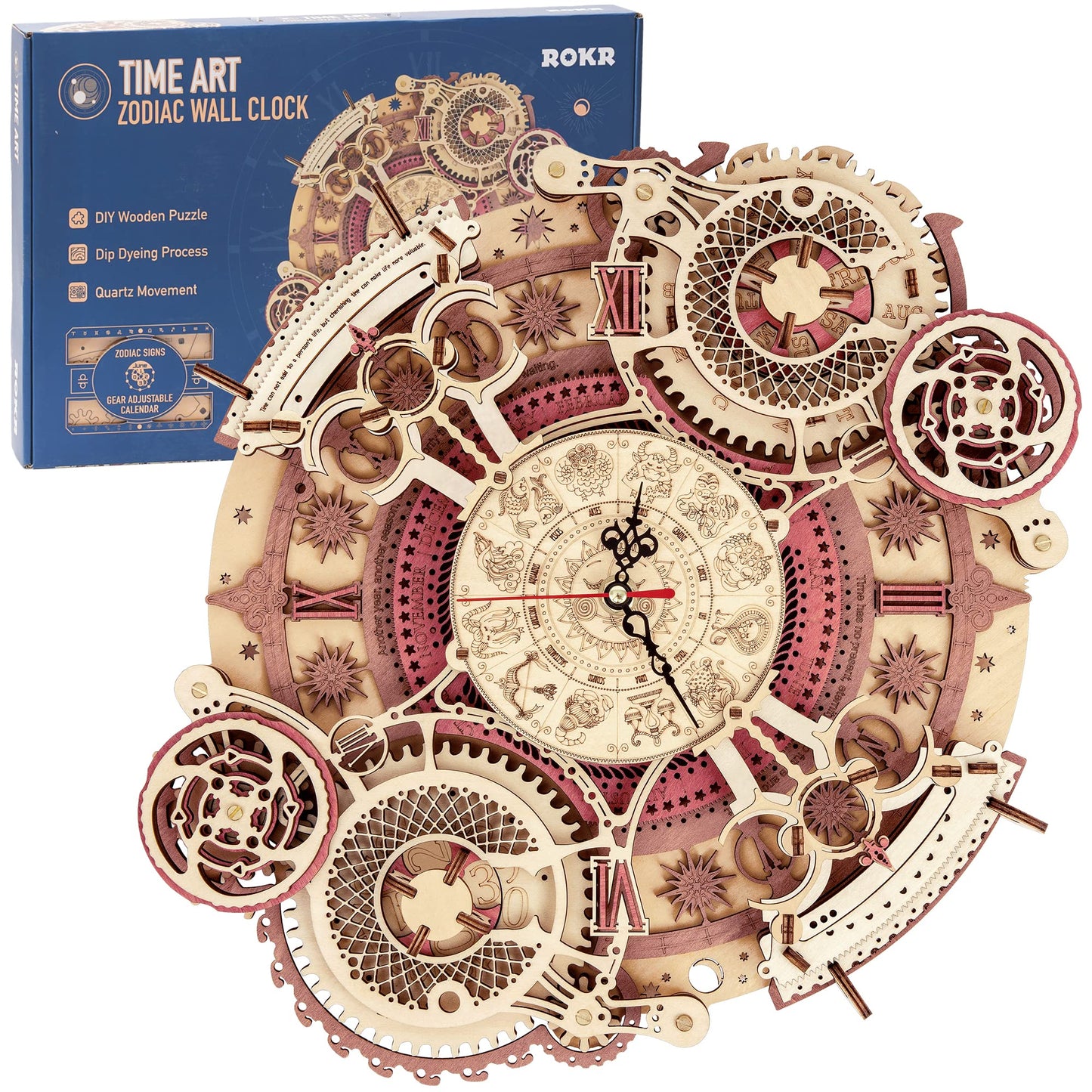 ROKR 3D Wooden Puzzles for Adults-Wooden Clock Puzzle Kit-Wood Model Kits to Build for Adults-Zodiac Wall Clock
