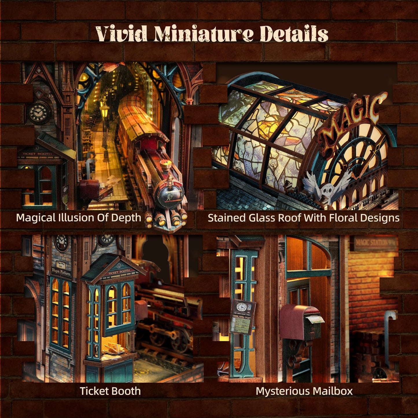 FUNPOLA LED 3D Puzzle Magic Station Book Nook Kit - Interactive 3D Wood Puzzle LED Magical Miniature with Infinite Extension Space - DIY Bookshelf Insert Decor Gifts