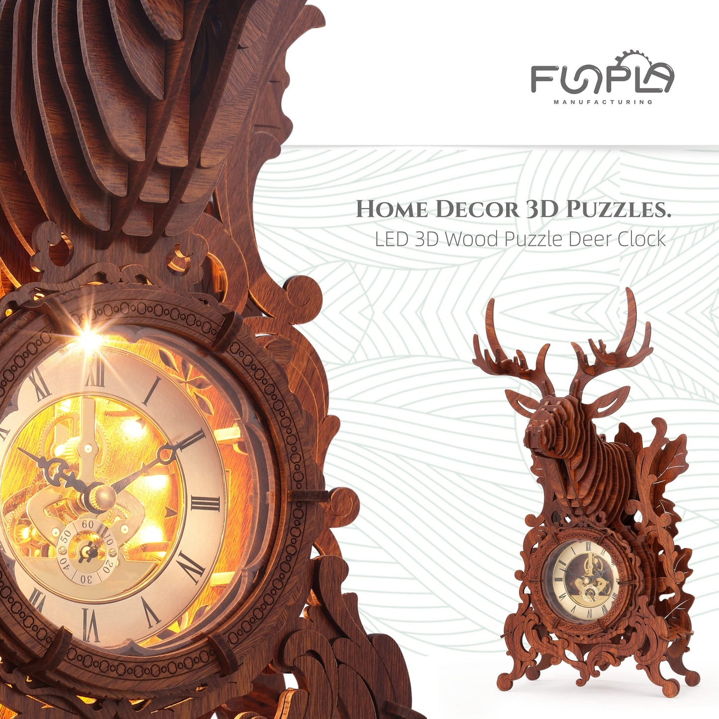 FUNPOLA LED 3D Wood Puzzle Deer Clock, 3D Wooden Puzzle Elk Clock Building Model, Home Décor 3D Wooden Puzzle for Adults/Teens Christmas Gift(Wood, Yellow Light)