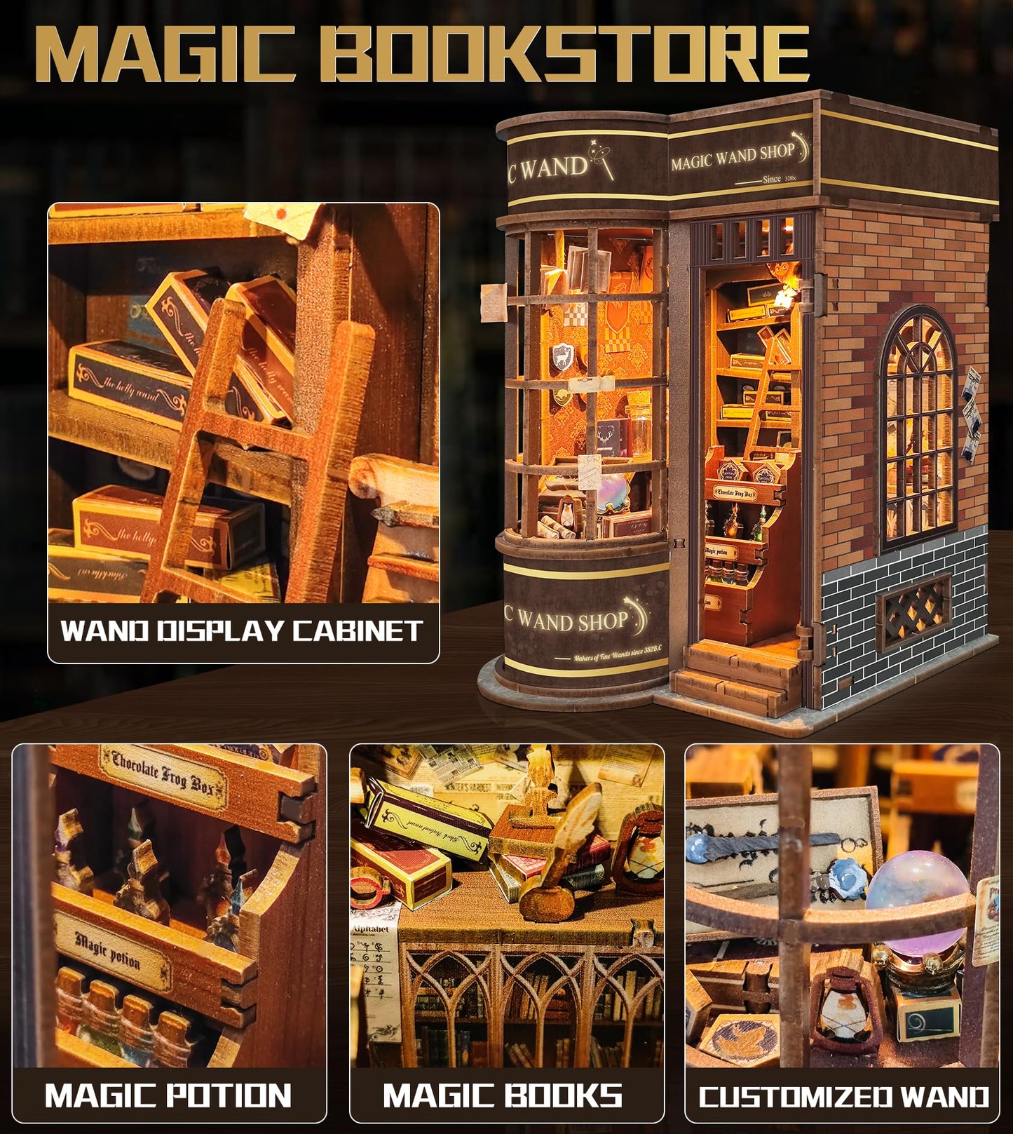 BookTop DIY Miniature Magic Series Booknook Kit, Dollhouse Tiny House Model Build Bookshelf Decor,with LED Light and Dust Cover，for Adults and Teens，Gifts for Family, Friends（Magic Shop）
