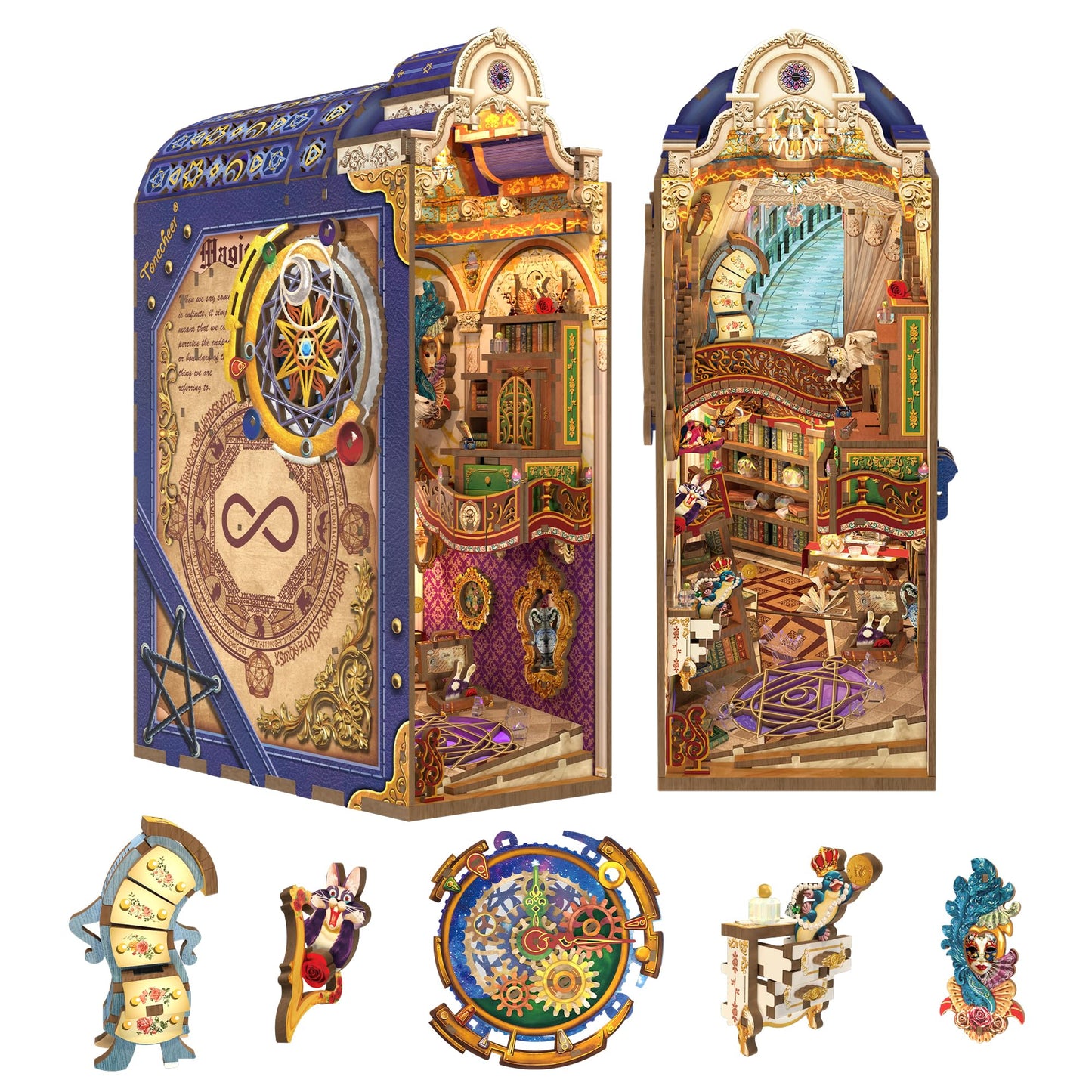 Tonecheer DIY Book Nook Kit for Adults, 3D Wooden Puzzle Bookend Miniature House Kit, Booknook Bookshelf Insert Decor with Dust Cover and LED Lights Gifts (Magical Library)