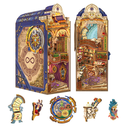 Tonecheer DIY Book Nook Kit for Adults, 3D Wooden Puzzle Bookend Miniature House Kit, Booknook Bookshelf Insert Decor with Dust Cover and LED Lights Gifts (Magical Library)