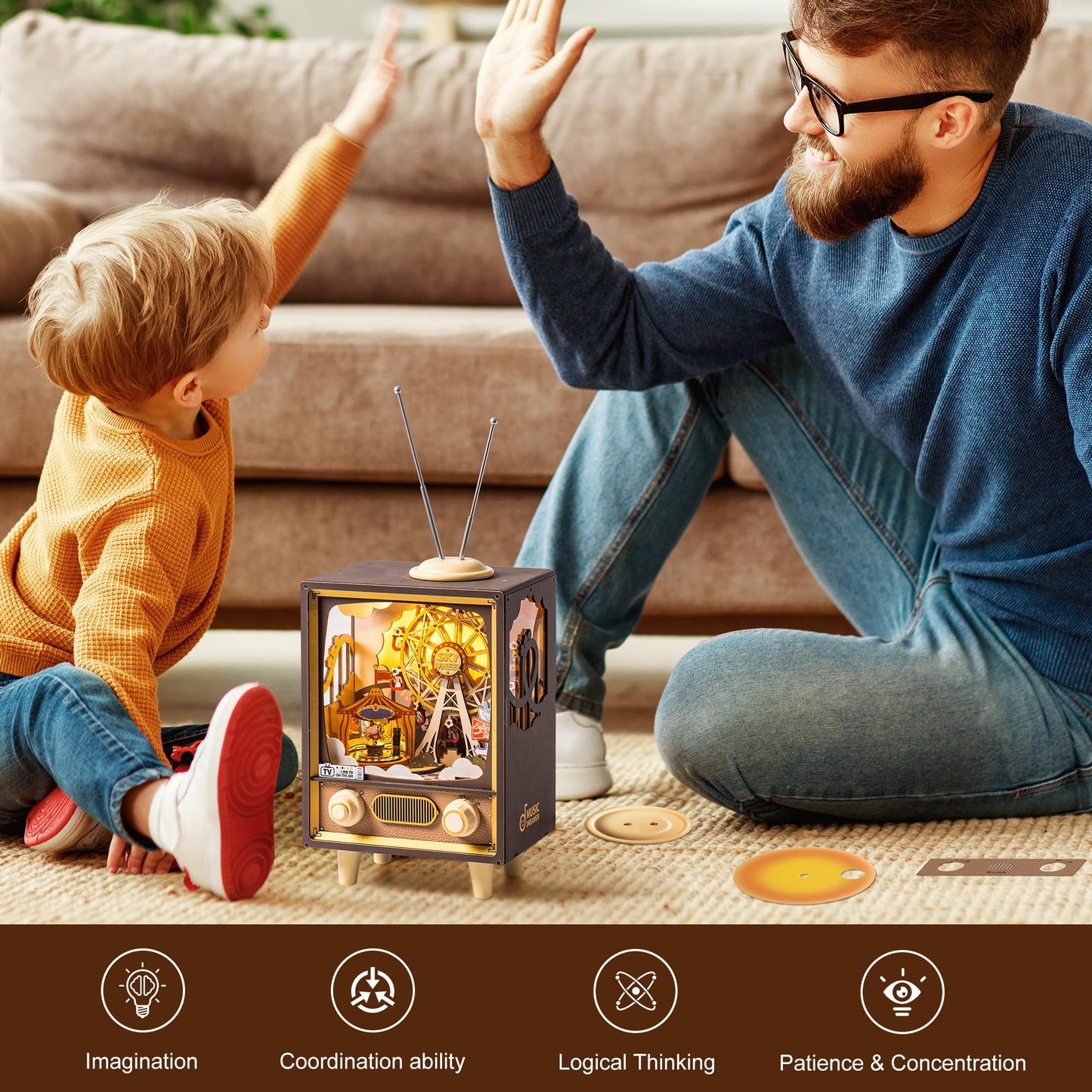 ROBOTIME Wooden Music Box 3D Wooden Puzzles for Adults Ferris Wheel Music Box Model Building Set DIY Book Nook Kit for Hobby Personalized Crafts Gift (Sunset Carnival)