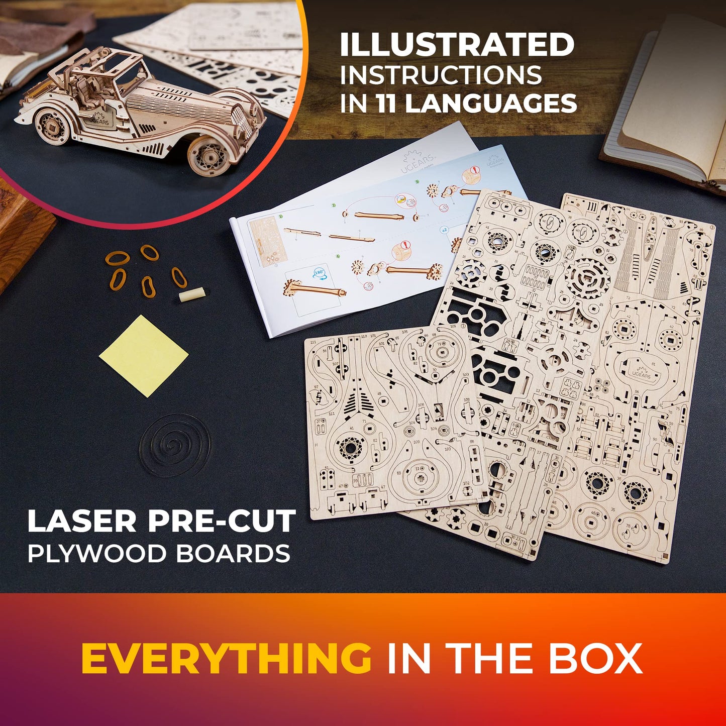 UGEARS Sports Car Rapid Mouse - 3D Puzzle with Dual Engine System - Wooden Puzzle for Adults - Challenging Roadster Model Kit