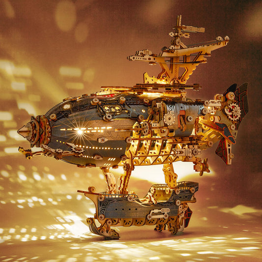 FUNPOLA LED 3D Wood Puzzle Fantasy Airship Model - Steampunk DIY Craft Kit with LED Lights – Intricate Wooden Airship Model Building Set for Teens and Adults(Gray)