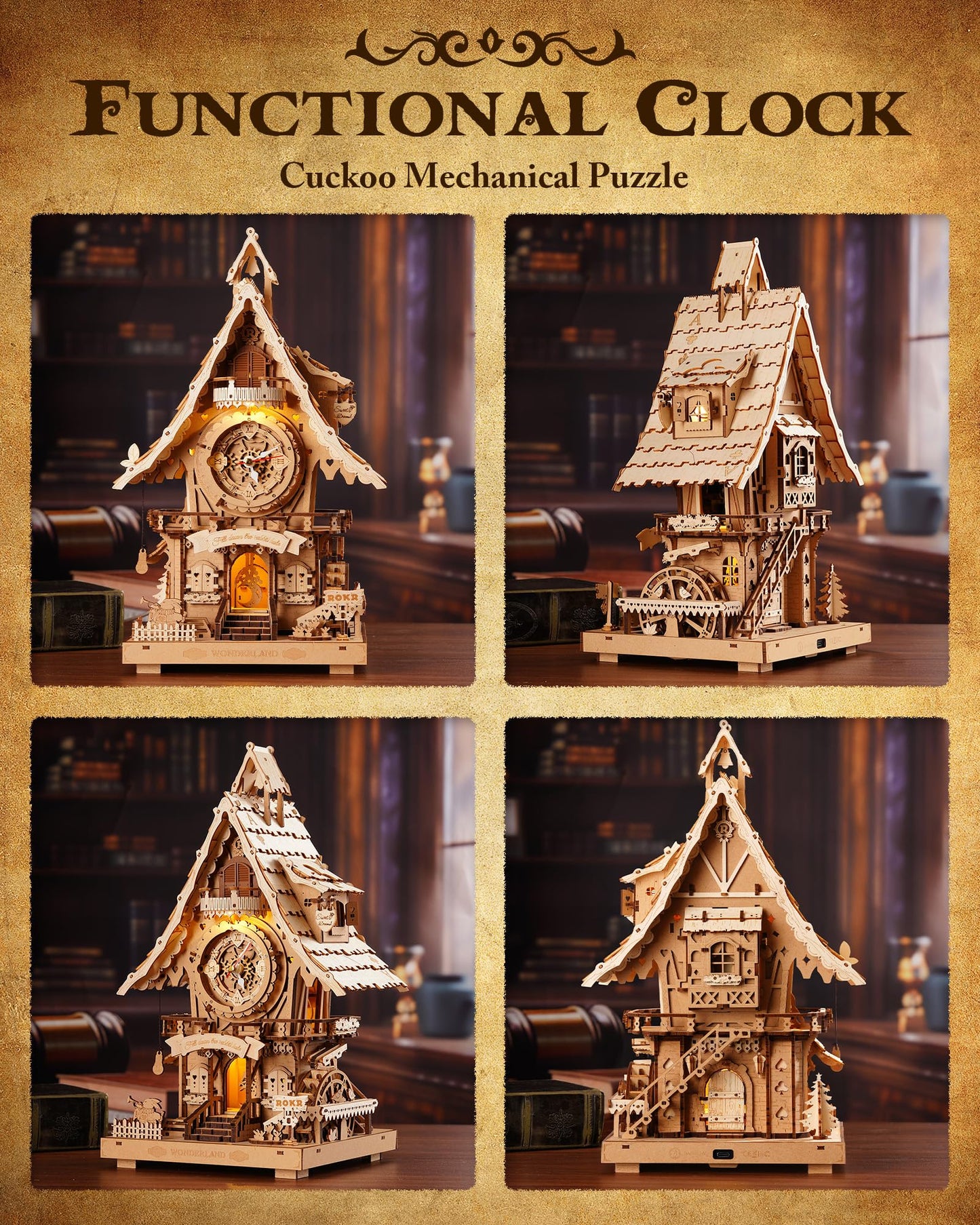 ROKR 3D Wooden Puzzles for Adults,Wooden Cuckoo Clock Model kit,435 Piece 3D Puzzles,Ideal Gift for Adults and Teens