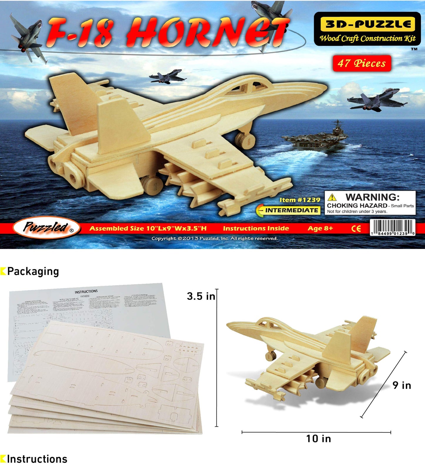 Puzzled F-18 Hornet 3D Puzzle Airplane Model Wood Building Kit - 3D Model Airplane Building Kit for Kids and Adults, Fun Educational Model Plane Kit to Paint and Build Craft 3D Model Kit - 47 Pieces
