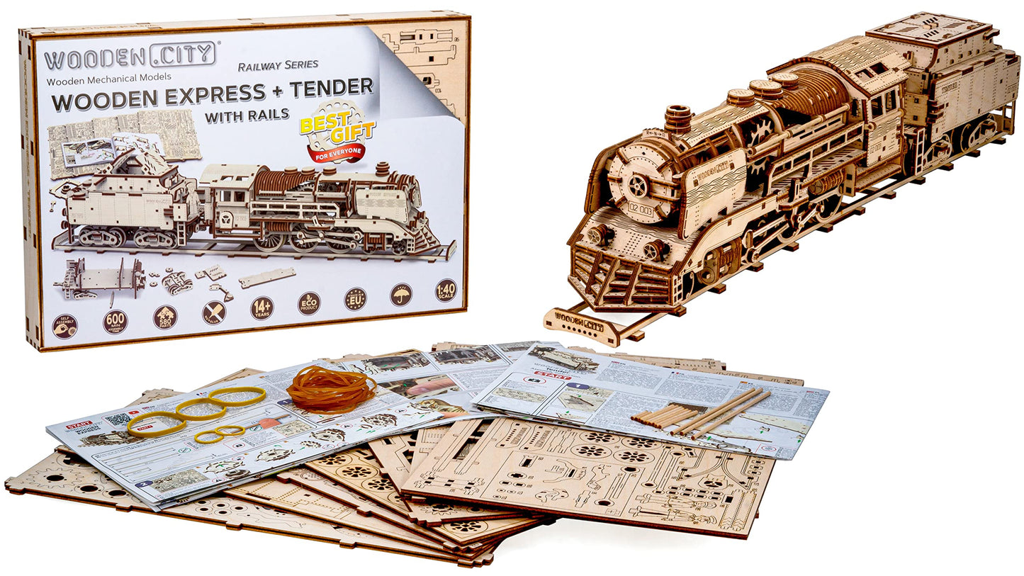 WOODEN.CITY Wooden Express + Tender with Rails 3D Wooden Puzzles for Adults – Build Your Own Train Set with Rubber‑Band Motor – Self‑Assembly Model, DIY Gift for Adults and Teens
