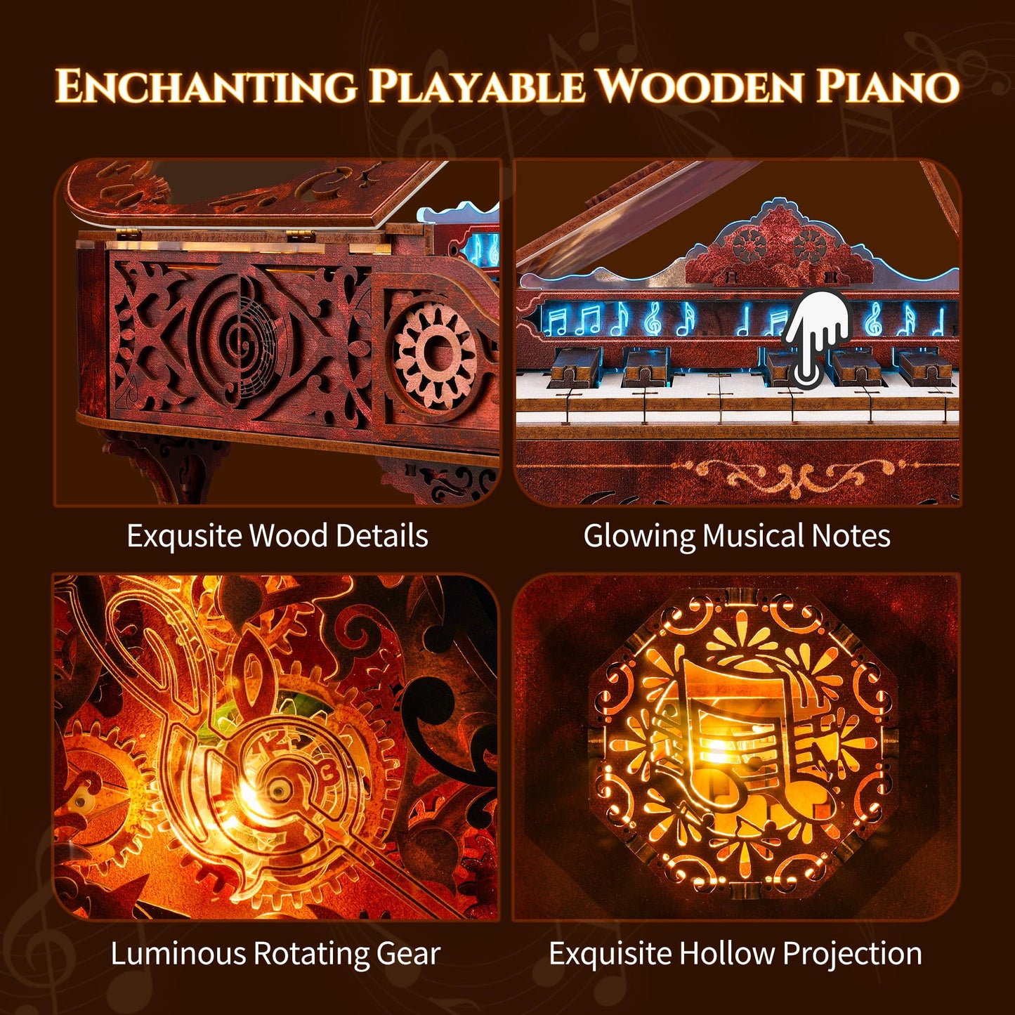 FUNPOLA 3D Wood Puzzle Piano Kit, Playable Wooden Keyboard Model with LED Lights, Interactive Craft Kit & Digital Piano Puzzle for Adults and Kids（with LED