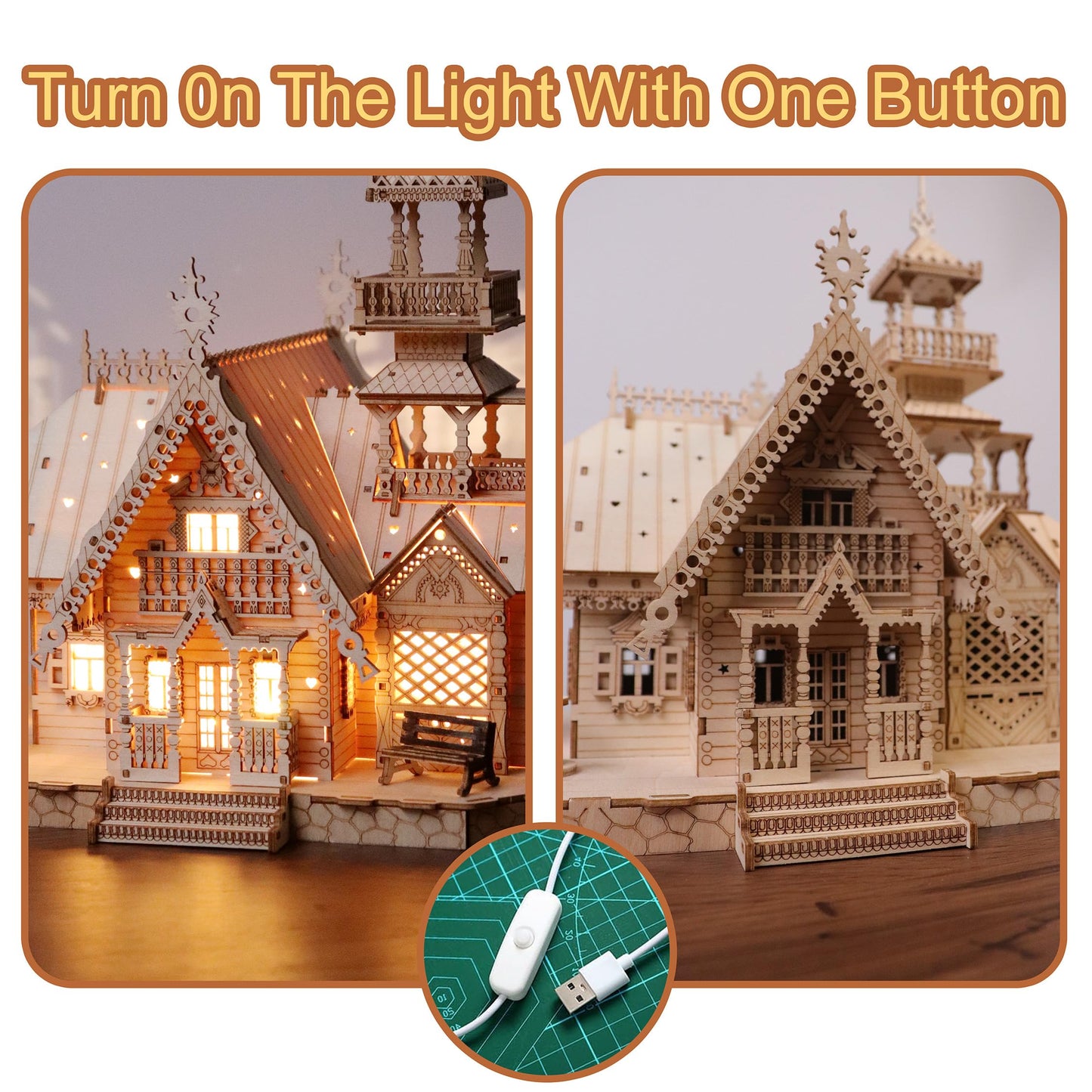 KWASVLYA Vintage Villa 3D Wooden Puzzle,Building Kits for Adults and Teens,Educational Brain Teaser Assembly Model with LED Lights,Skill Building and Creative Fun