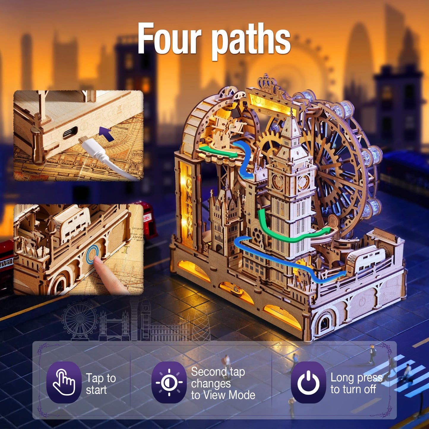 ROKR Marble Travel London, 3D Wooden Puzzles for Adults, Marble Run Kit Adults to Build, 3D Wooden Puzzle with LED, Unique Gift for Men Women