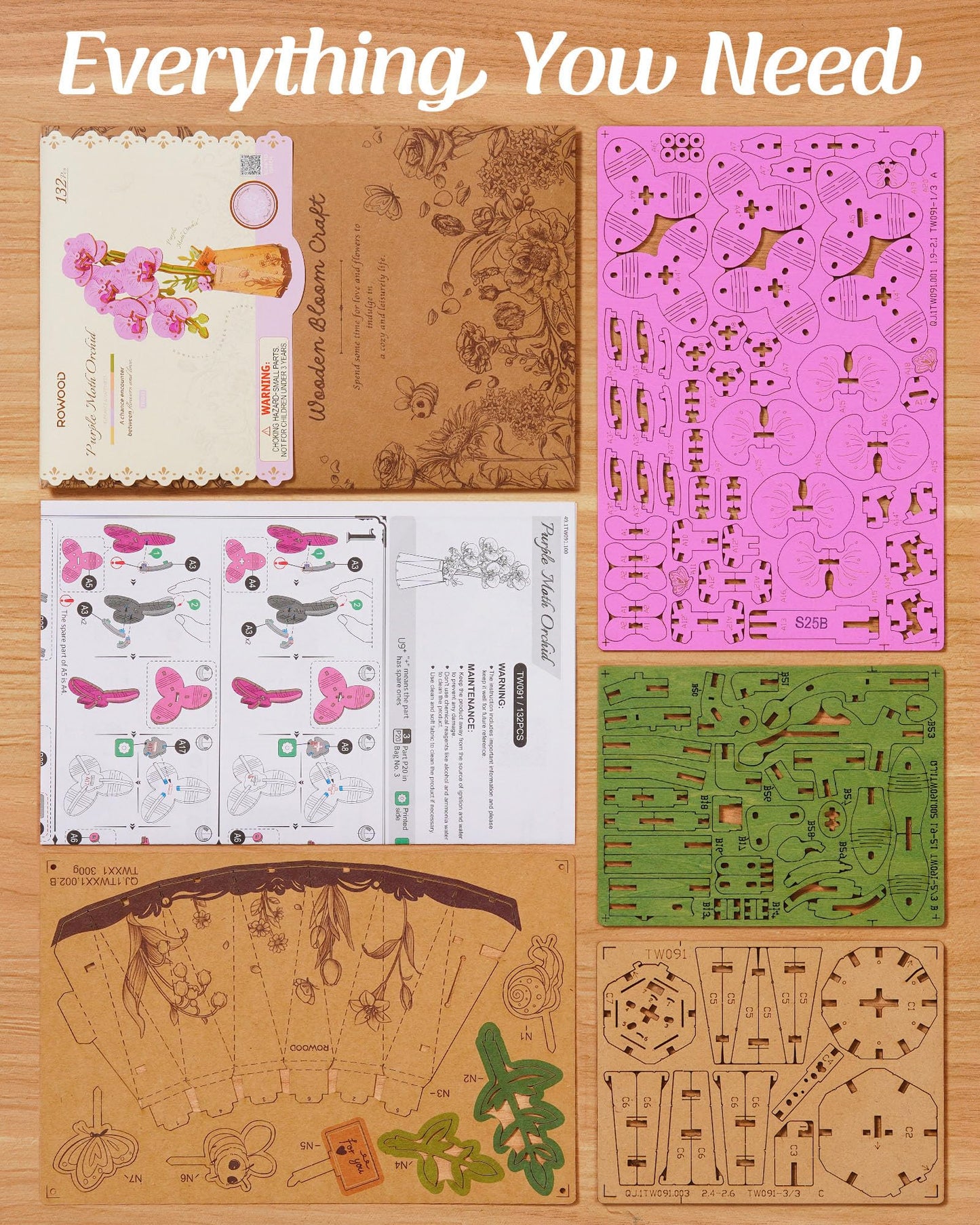 rowood Wooden Flower,3D Puzzles for Adults,Artifical Flower Botanical Collection Building Craft Kit,Mother's Day/Valentine's Day Purple Moth Orchid