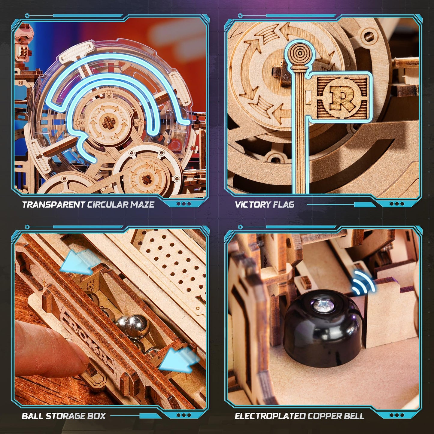 ROKR 3D Wooden Puzzles for Adults Miniature Marble Run Building Toys,DIY Pinball Machine Model Kits-Gear Ball Challenge EGC01