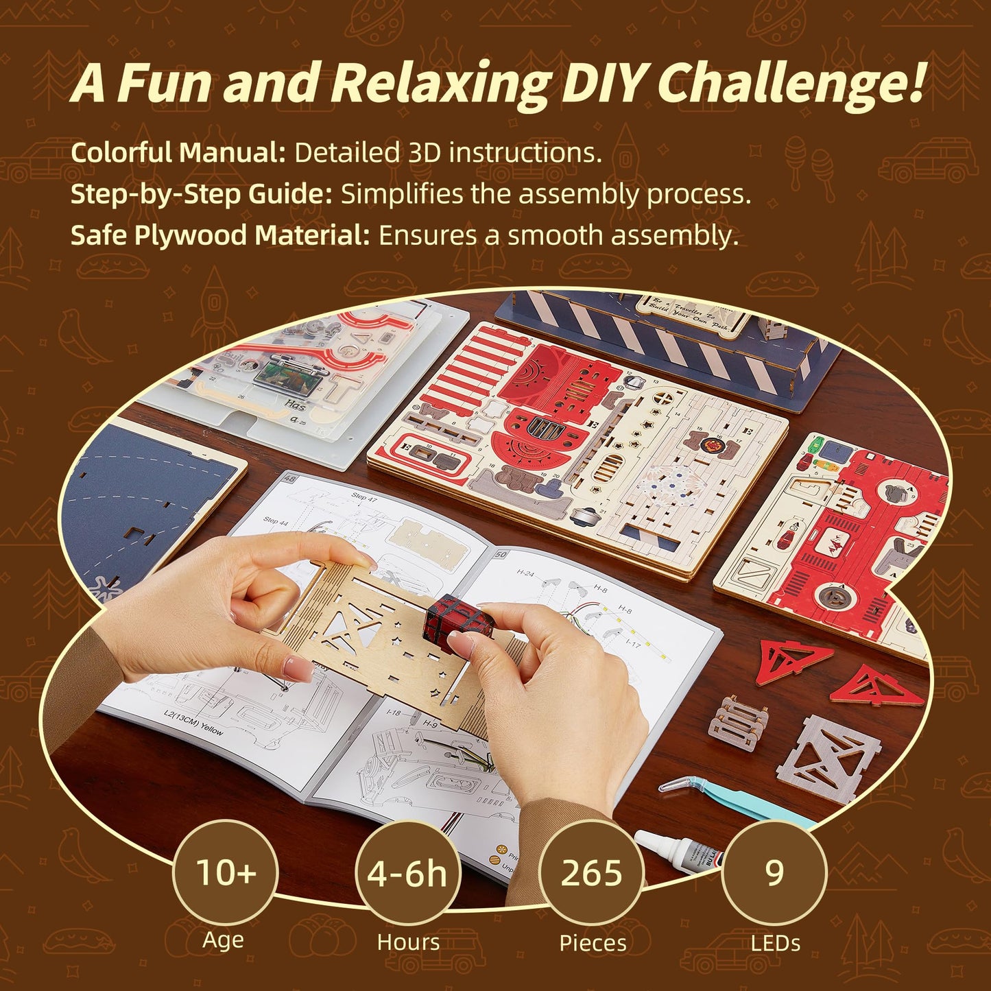 FUNPOLA 3D Wood Puzzle Travel Truck Model - DIY Miniature Adventure Truck Kit with LED Lights - Creative Gift for Kids and Adults(Travel Truck)