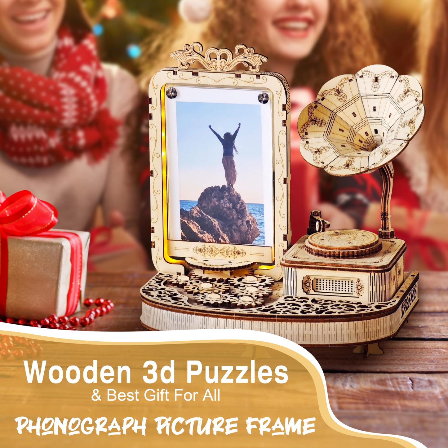 KWASVLYA 3D Wooden Gramophone - Dual-Motion Music Box & Rotating Photo Frame with LED Lights | Vintage Gram-Style Memory Display | 3-Hour Assembly Puzzle (Holds 3x5 Photos)