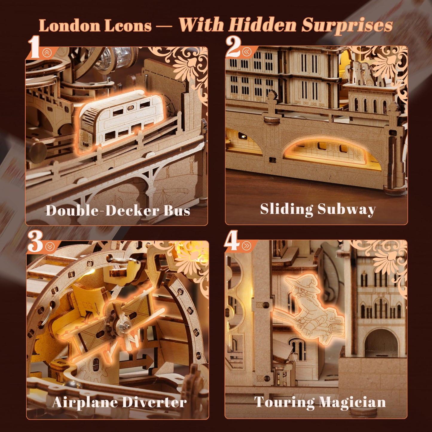 ROBOTIME Wooden Town Marble Run - 3D Wooden Puzzles for Adults EGB01 Night City Marble Run Kit - Wooden Puzzle Models for Adults to Build - Space/STEM/Engineering Gift