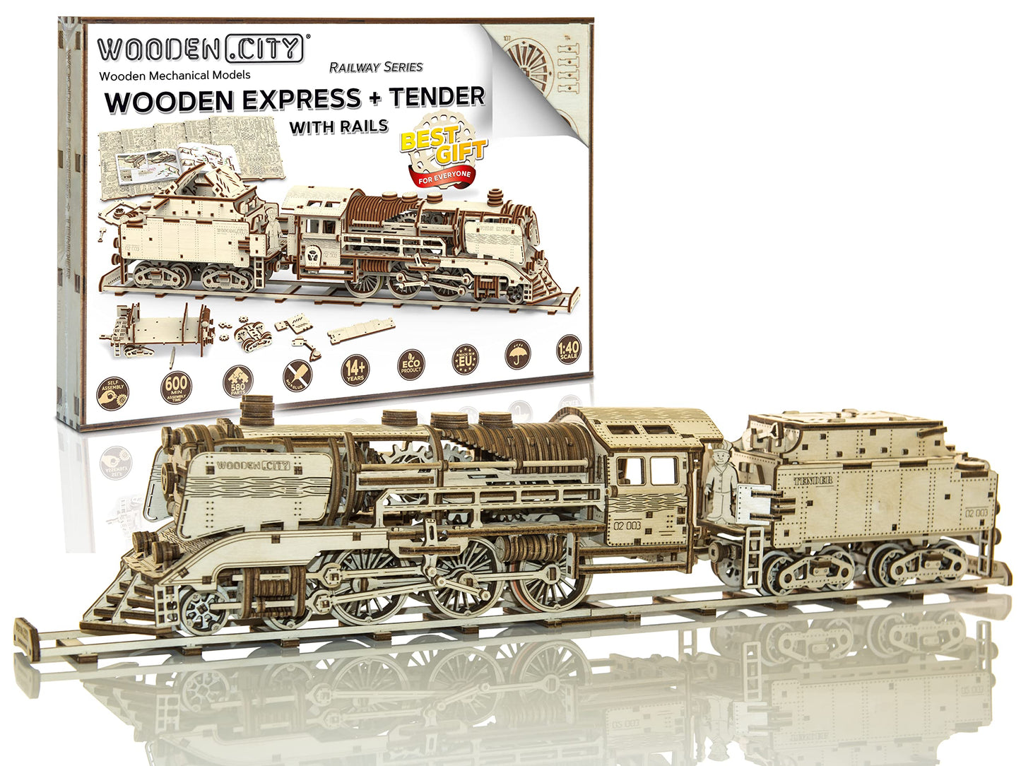 WOODEN.CITY Wooden Express + Tender with Rails 3D Wooden Puzzles for Adults – Build Your Own Train Set with Rubber‑Band Motor – Self‑Assembly Model, DIY Gift for Adults and Teens