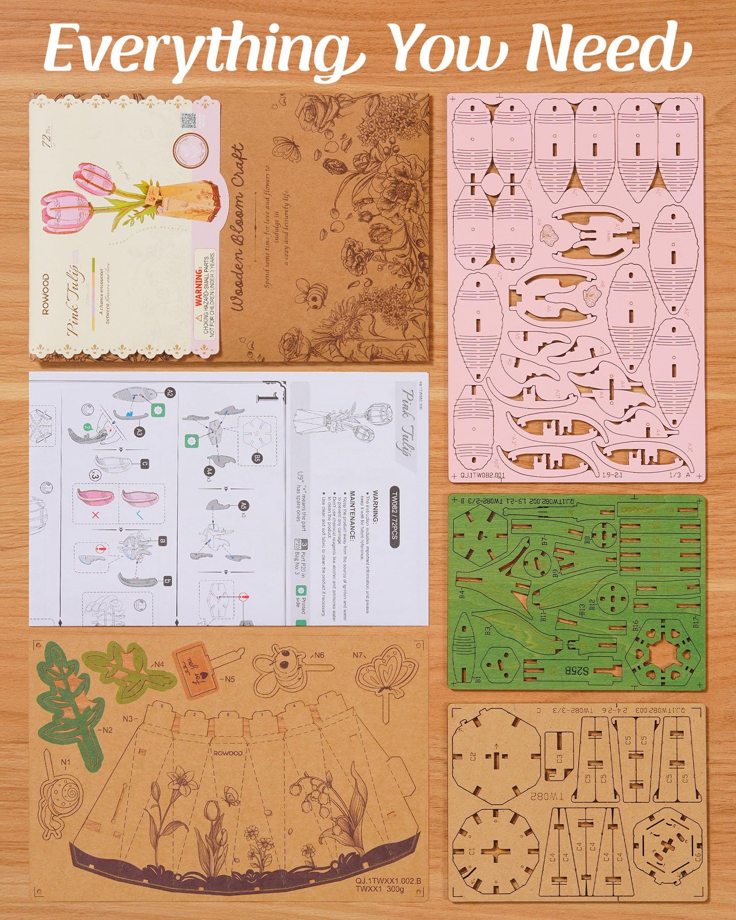 rowood Wooden Flower,3D Puzzles for Adults,Artifical Flower Botanical Collection Building Kit,Mother's Day/Valentine's Day Pink Tulip