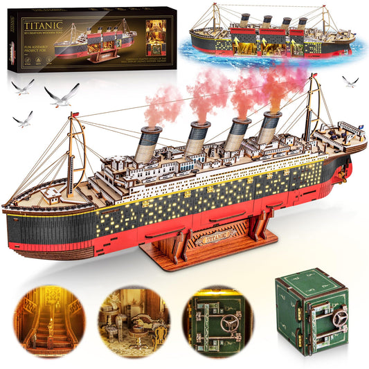 Titanic 3D Wooden Puzzles for Adult with LED Light, Home Decoration Titanic Model Kits for Adults, Sailboat Hobbies for Men, Christmas Birthday DIY Miniature Kit Gift for Adults Teens