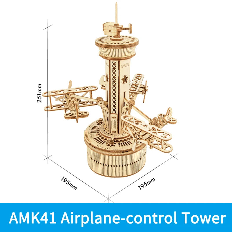 Robotime Rokr 3D Wooden Puzzles for Adults DIY Musical Box Model Kit to Build Self-Assembly Building Kit Airplane- Control Tower