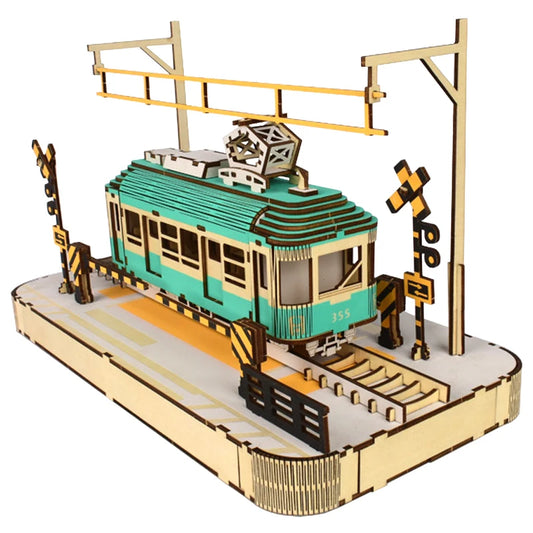 3D Wooden Puzzle Streetcar Sakura Journey Tram Station Retro Car Bus Model DIY Assembly Toys For Children Kids Desk Decoration