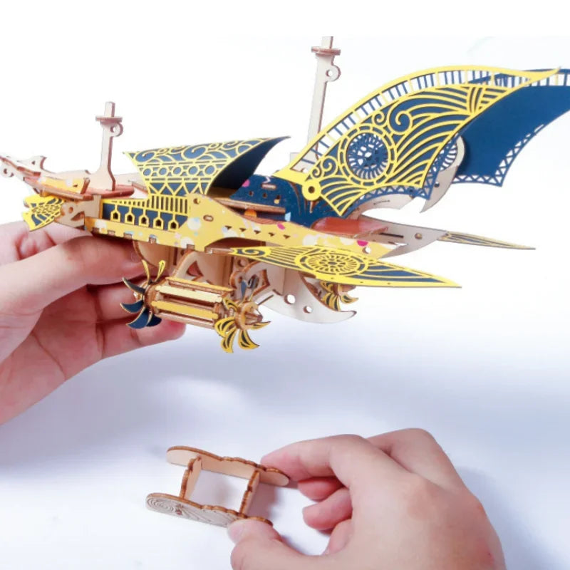 DIY Steampunk Fantasy Epic Style Spaceship 3D Wooden Puzzle Toy Model Building Block Kits Gift