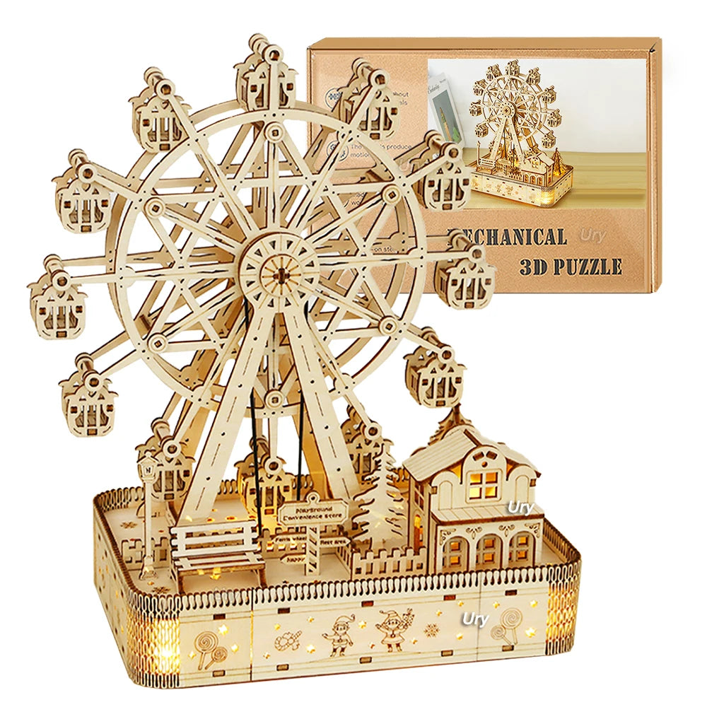 Ury 3D Wooden Puzzles Led Rotatable Ferris Wheel Music Octave Box Model Mechanical Kit Assembly Decor DIY Toy Gift for Kid Adult