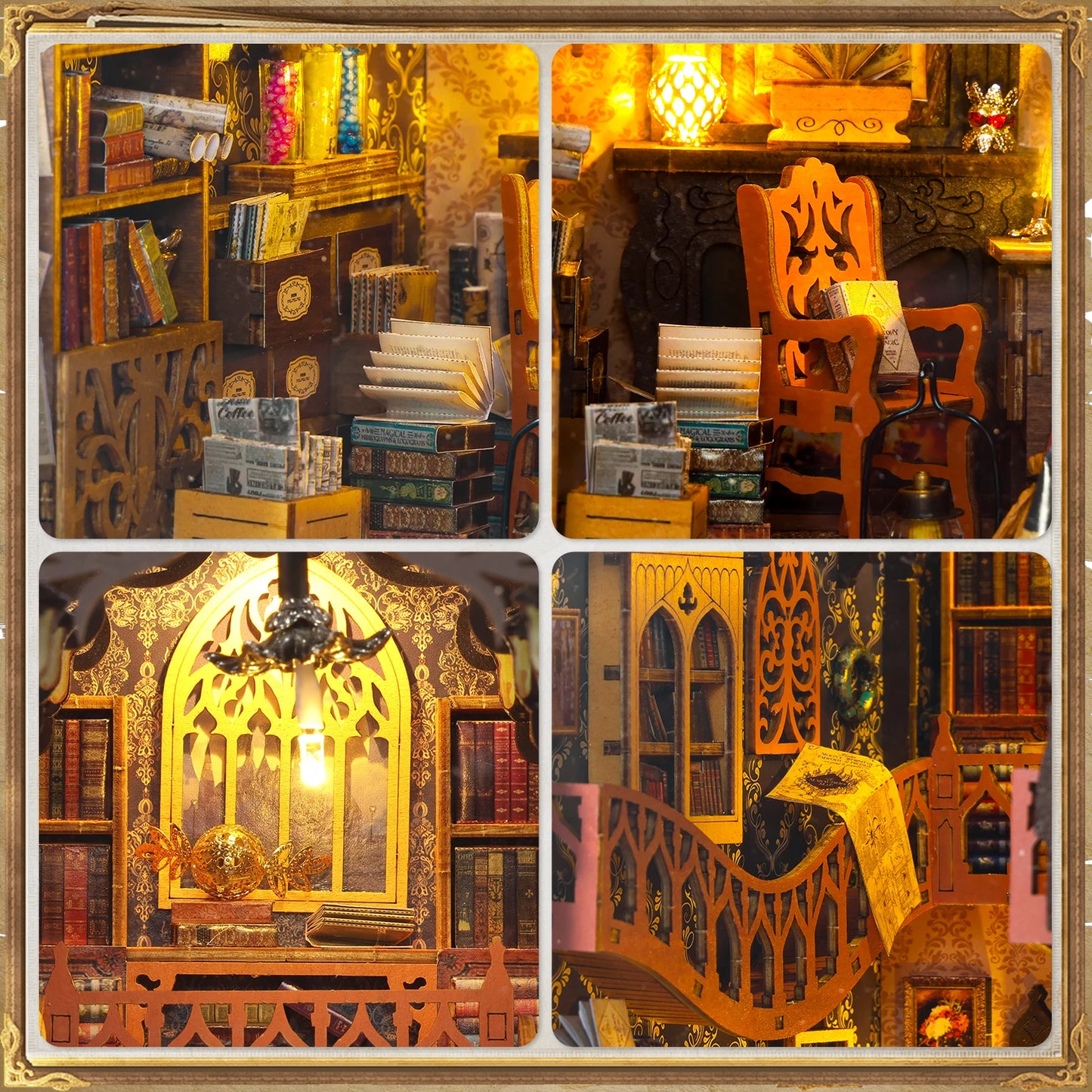 DIY Book Nook Kit 3D Wooden Puzzle Bookshelf Insert Decor with Light DIY Miniature Dollhouse Model Kit Magic Library Educational