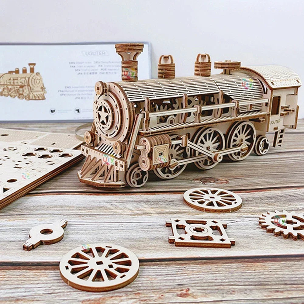 Ury 3D Wooden Puzzle Movable Retro Steam Train Double-decker Bus Handmade Assembly Truck Model DIY Toys Decoration Gift for Kids