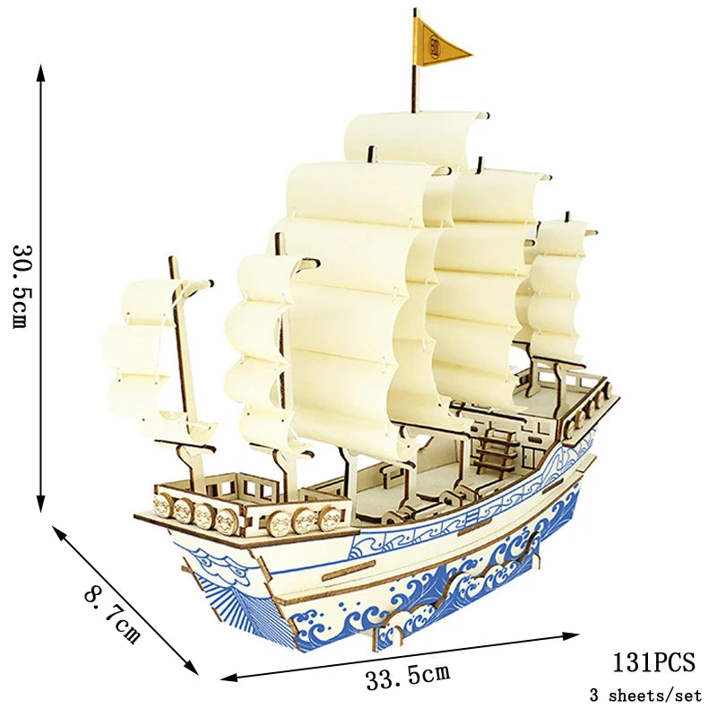 3D Sailing Ship Warship Pirate Ship Wooden Puzzle Boat Model DIY Educational Handmade Toys For Children Kids Party Games Gift