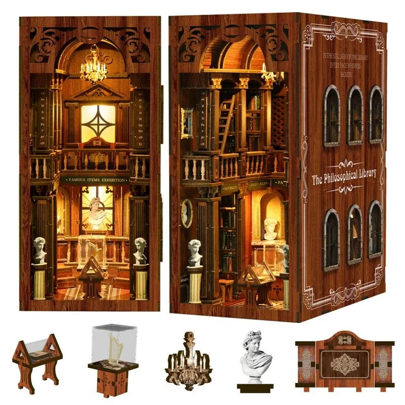 DIY Wooden  The Philosophical Library Book Nook Shelf Insert Miniature Model Kits Bookshelf Bookend for Friends Birthday Gifts