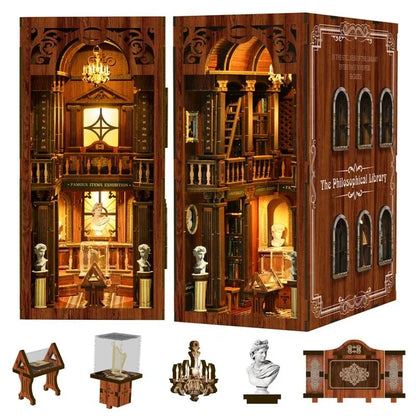 DIY Wooden  The Philosophical Library Book Nook Shelf Insert Miniature Model Kits Bookshelf Bookend for Friends Birthday Gifts