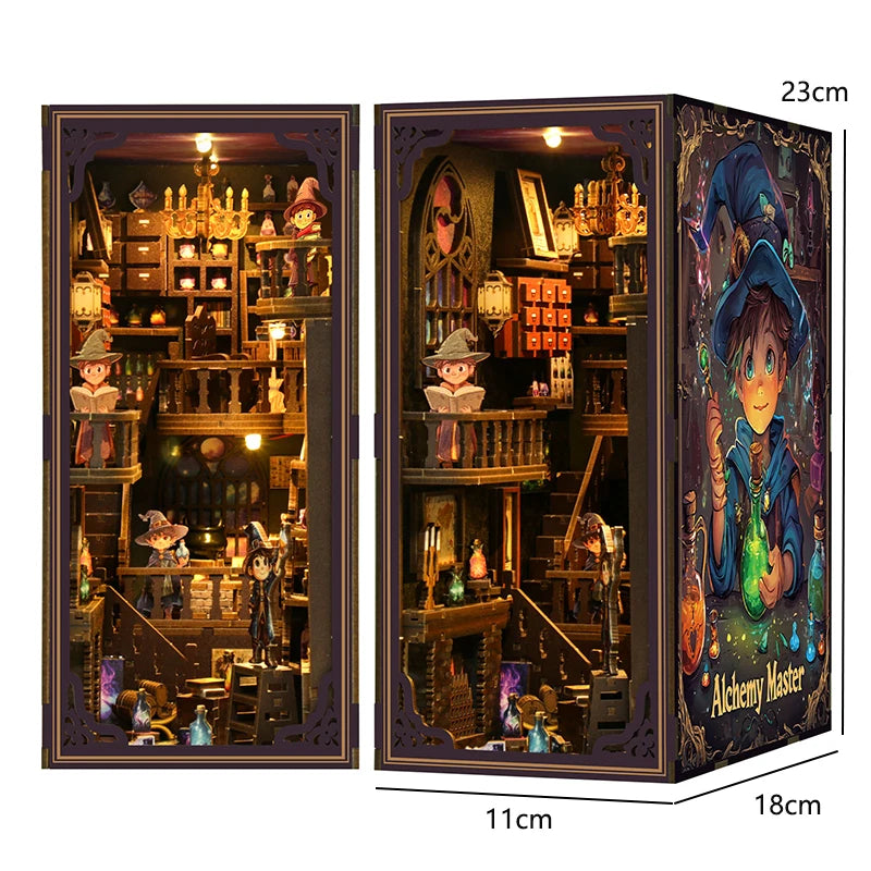 3D Wooden Book Stand Puzzle,DIY Book Nook Kits,Dollhouse Wood Bookends Book Nook Model Building Kit with LED ,Gift for Adults