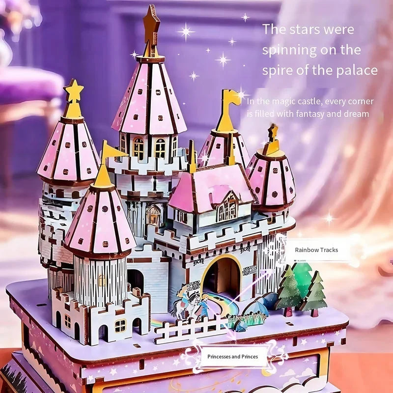 3D Handmade Rotating Music Box Eight Tone DIY Building Block Assembly Toy Ornament Model Magic Dream Birthday Gift for Female