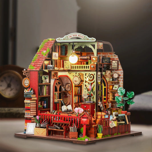DIY Miniature Cottage House Assembled Building Model with Lights 3D Wooden Puzzles Desktop Library Decoration Toy Gifts for Kids