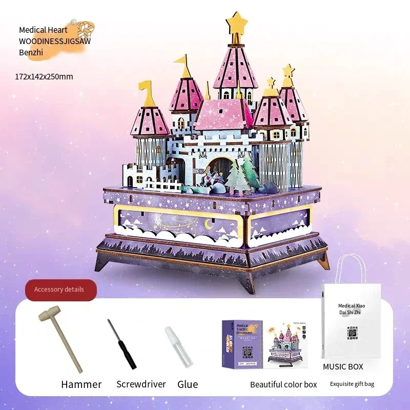 3D Handmade Rotating Music Box Eight Tone DIY Building Block Assembly Toy Ornament Model Magic Dream Birthday Gift for Female